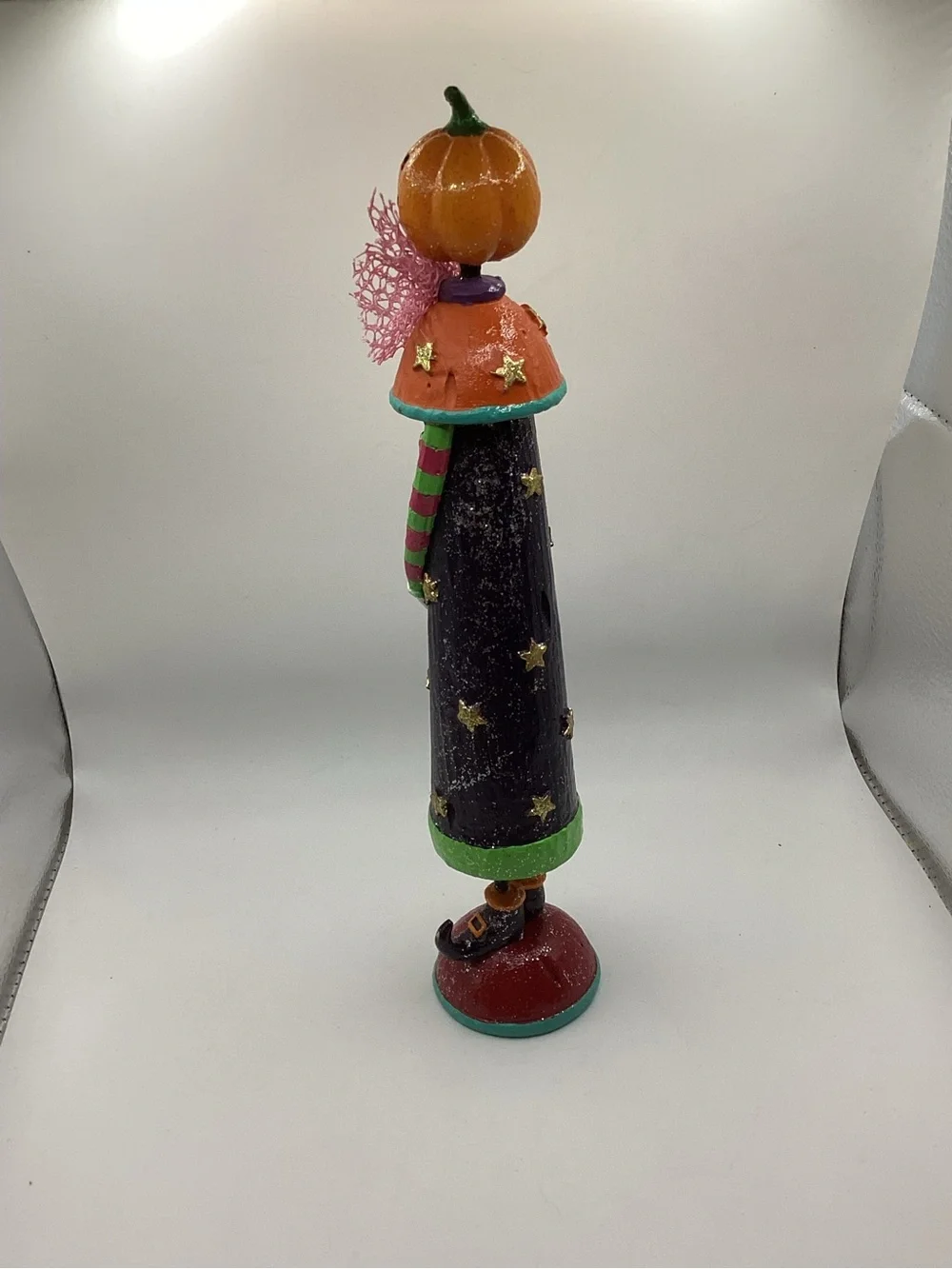 whimsical folk-art Halloween figurine jack-o-lantern head, witch shoes